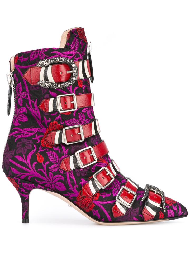 Gucci Jacquard Buckled Ankle Boots - Pink & Purple