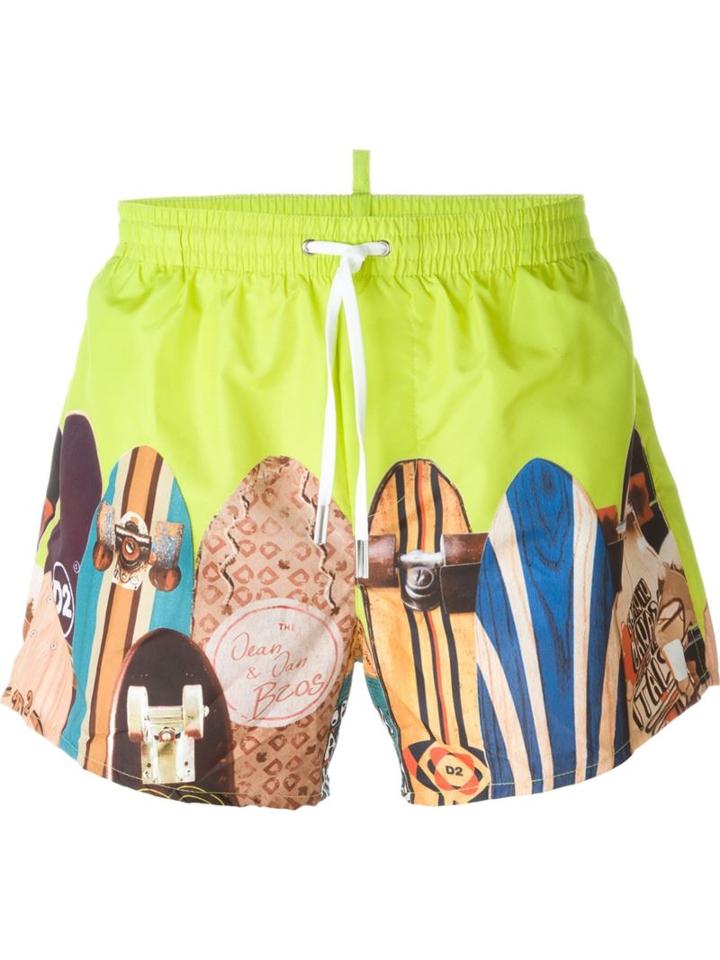 Dsquared2 Beachwear Skateboards Print Swim Shorts, Men's, Size: 50, Green, Polyester