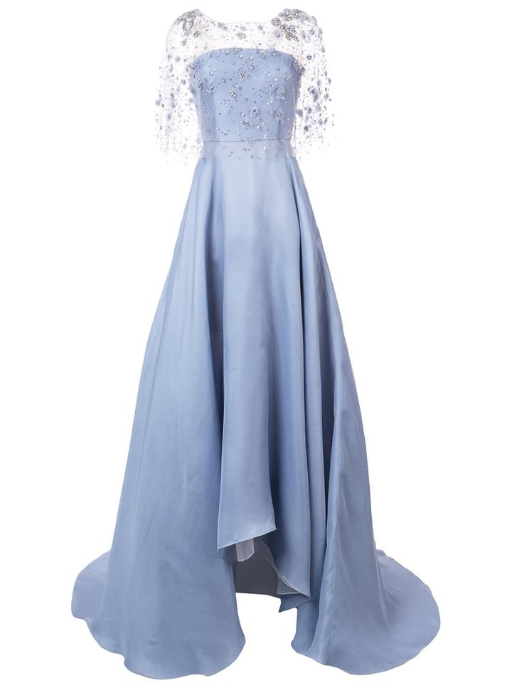 Marchesa - Flower Embellished Flared Gown - Women - Silk - 10, Blue, Silk