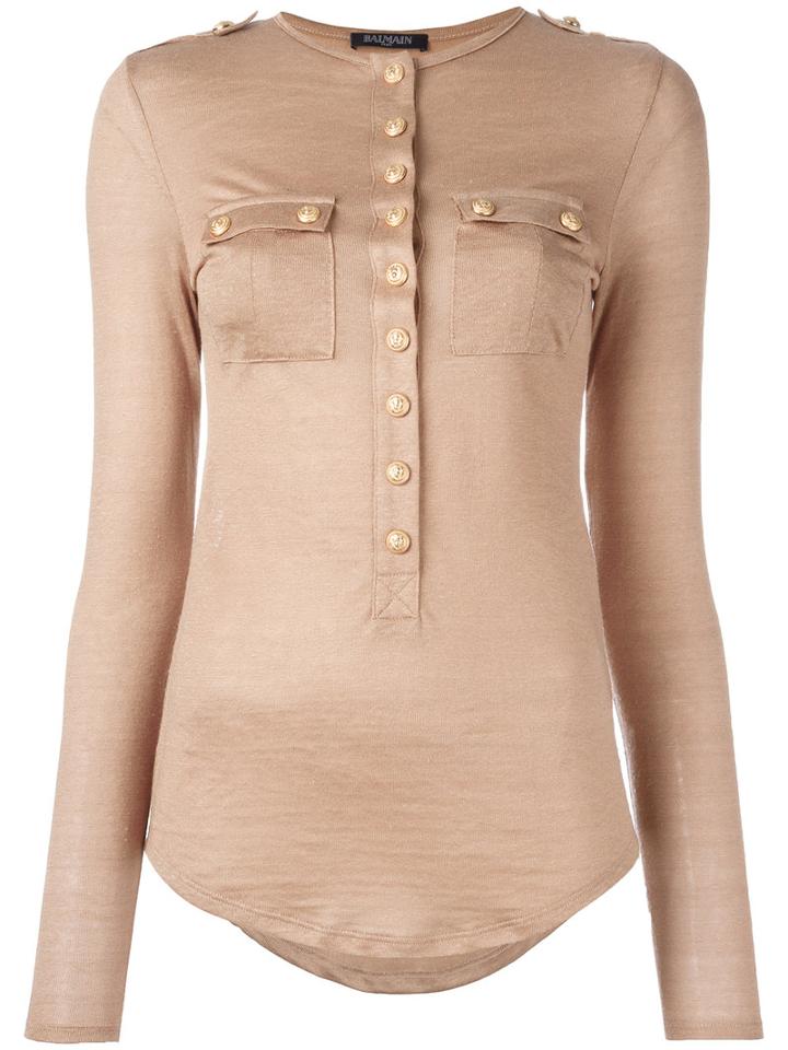 Balmain Long Sleeve Slub Jersey Top, Women's, Size: 34, Nude/neutrals, Linen/flax/viscose