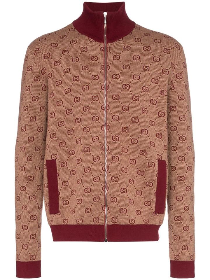 Gucci High-neck Gg Print Knitted Bomber Jacket - Red