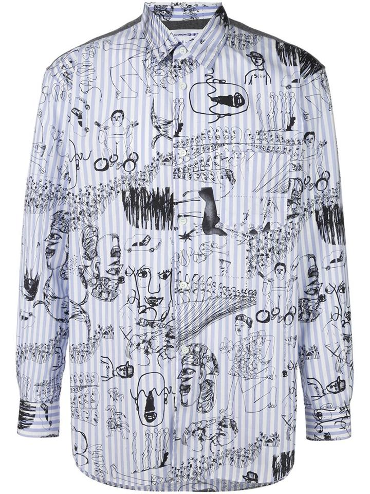 Comme Des Garçons Shirt Sketch Print Striped Shirt, Men's, Size: Xl, Blue, Cotton/nylon/wool