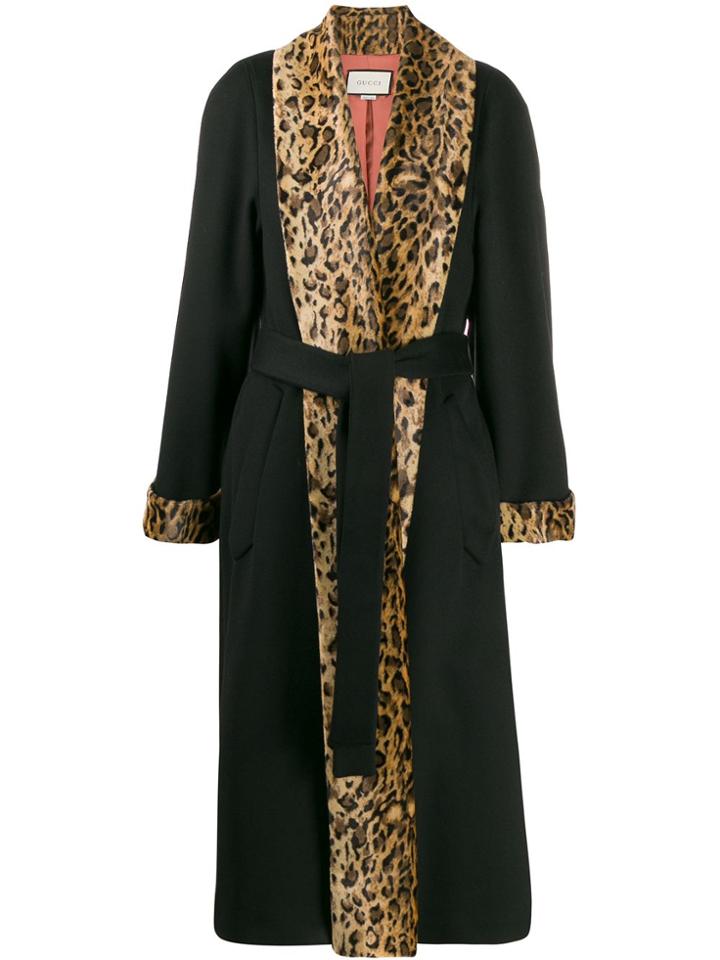 Gucci Leopard Print Trim Oversized Coat - Black