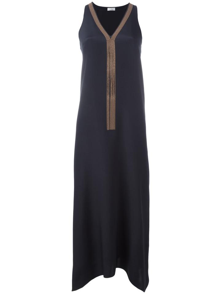 Brunello Cucinelli V-neck Maxi Dress, Size: Medium, Grey, Silk/acetate