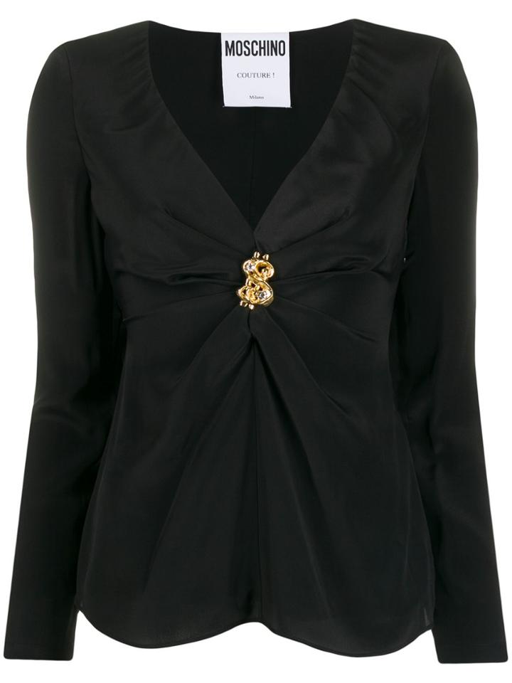 Moschino Logo Plaque V-neck Top - Black