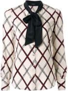Loveless Grid Pattern Print Bow Tie Neck Button Down Shirt, Women's, Size: 34, White, Polyester