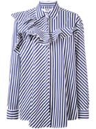 Msgm - Striped Frill-trim Shirt - Women - Cotton - 38, Women's, Blue, Cotton