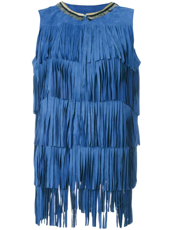 Alessandra Chamonix - Metallic Fringed Tank Top - Women - Leather/suede/metallic Fibre/metal - 44, Women's, Blue, Leather/suede/metallic Fibre/metal