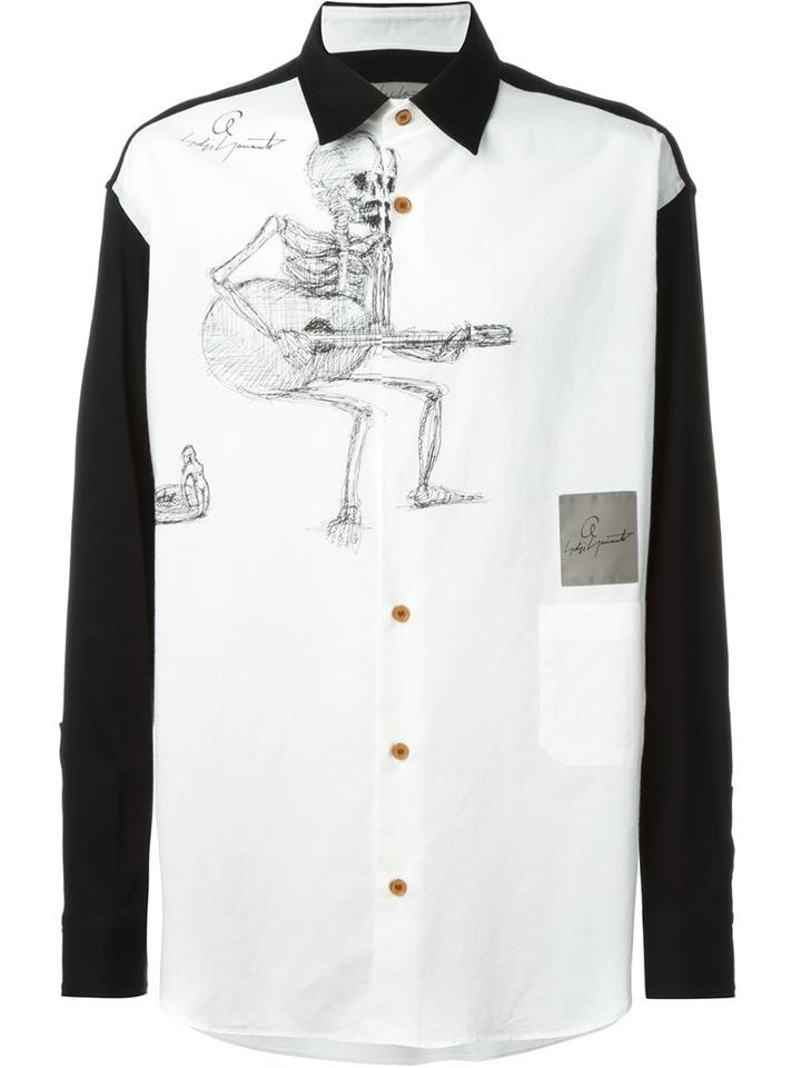 Yohji Yamamoto Skeleton Print Contrast Shirt, Men's, Size: 3, White, Cotton