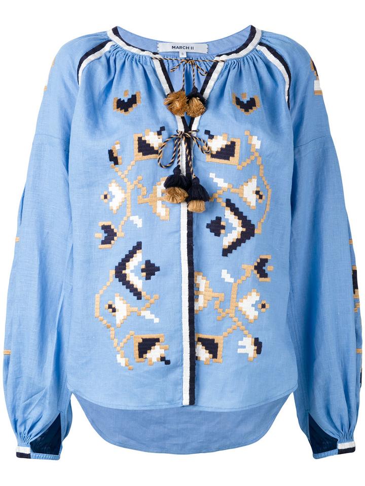 March 11 - Embroidered Peasant Blouse - Women - Linen/flax/acrylic - L, Blue, Linen/flax/acrylic