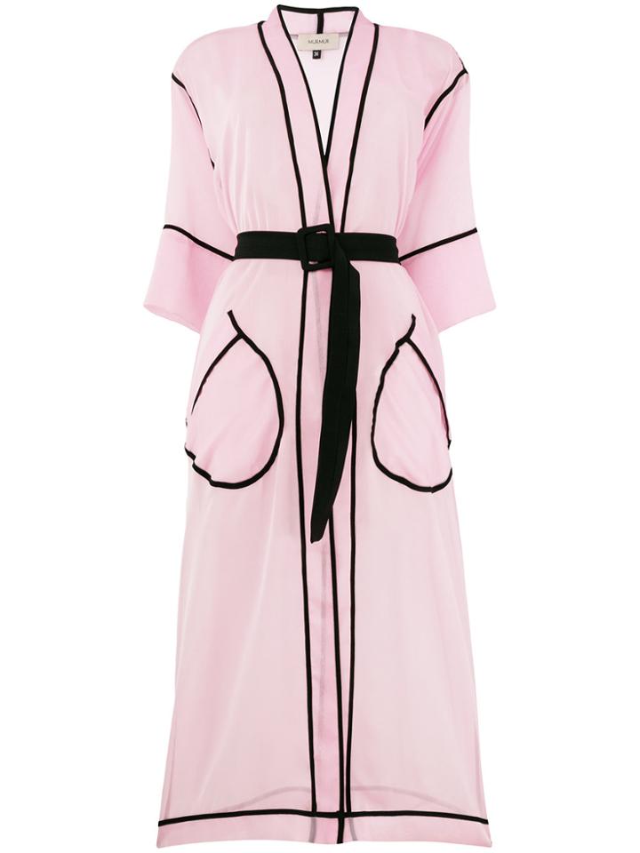 Murmur Contrast Piped Belted Kimono Coat - Pink & Purple