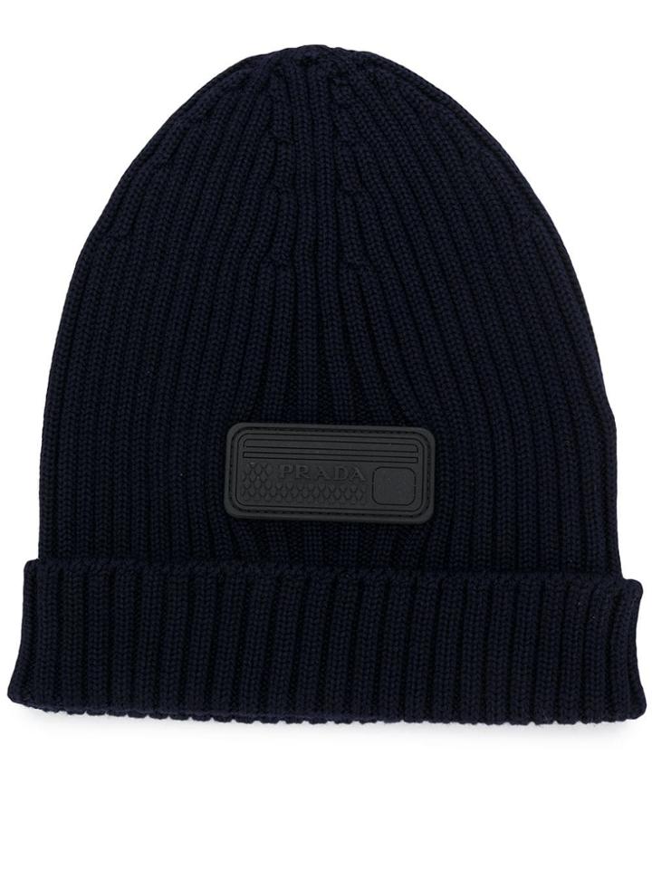 Prada Logo Patch Beanie - Blue