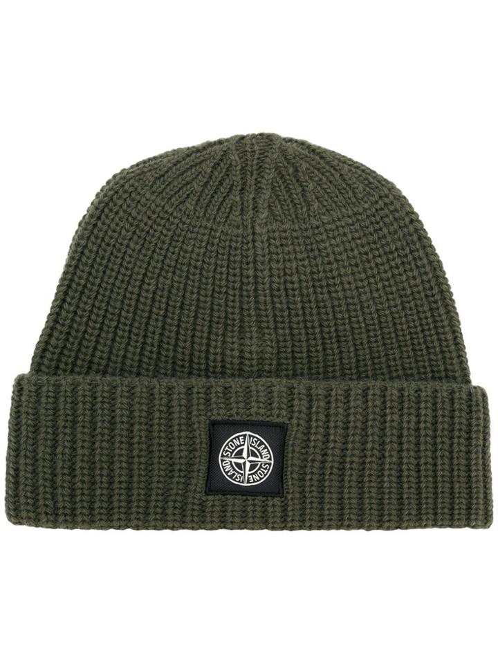 Stone Island Ribbed Logo Patch Beanie - Green