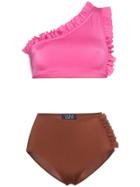 Leslie Amon Tamini Ruffle One-shoulder High Waist Bikini - Pink &