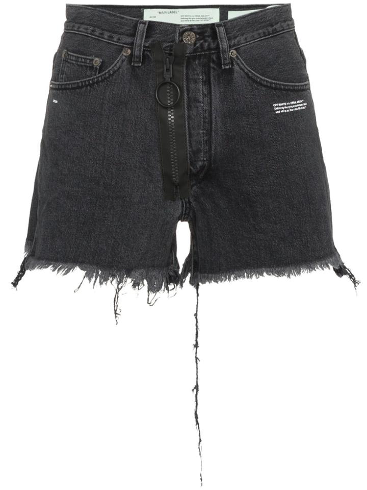 Off-white Text Print Frayed Denim Shorts - Grey