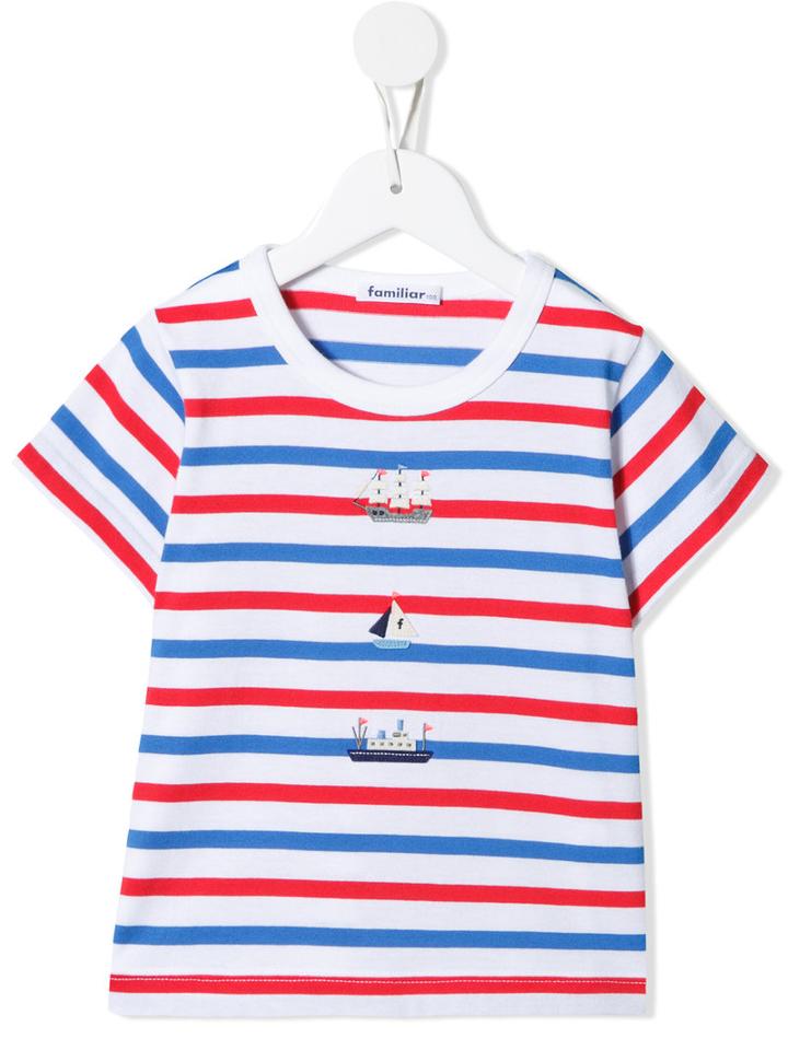 Familiar - Striped Boat Print T-shirt - Kids - Cotton - 7 Yrs, White