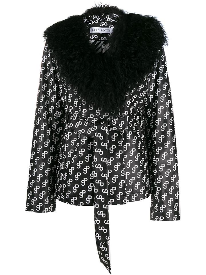 Saks Potts Trimmed Logo Print Coat - Black