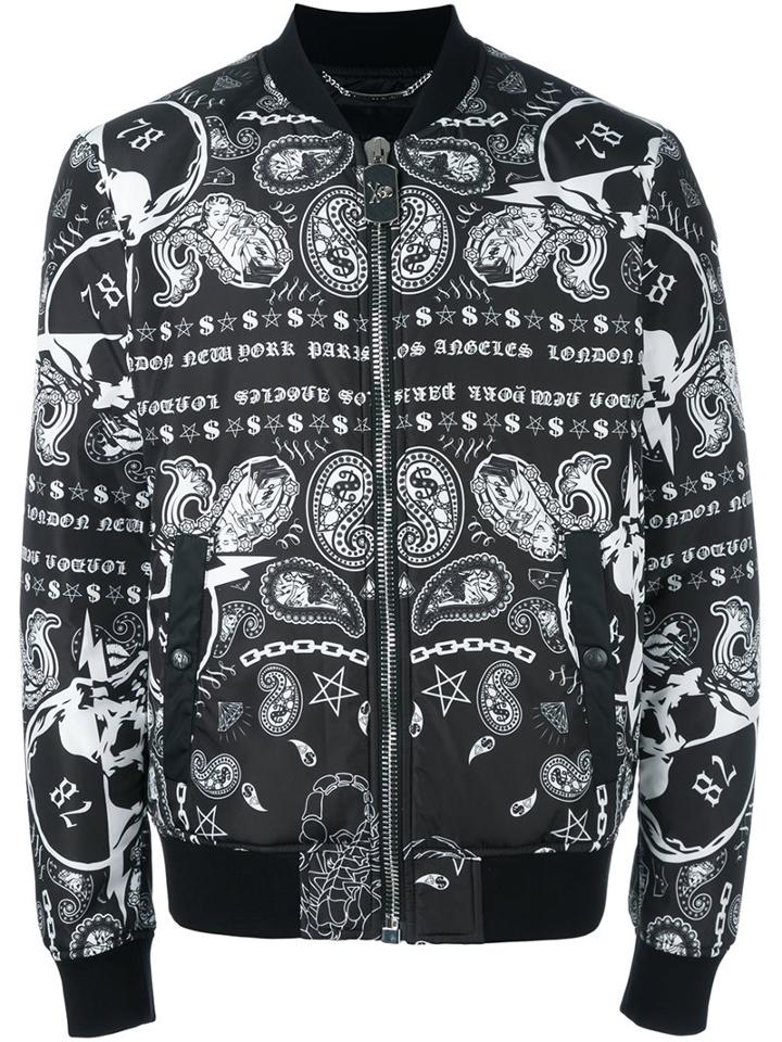 Philipp Plein Printed Bomber Jacket, Men's, Size: Large, Black, Polyester/polyamide/polyester