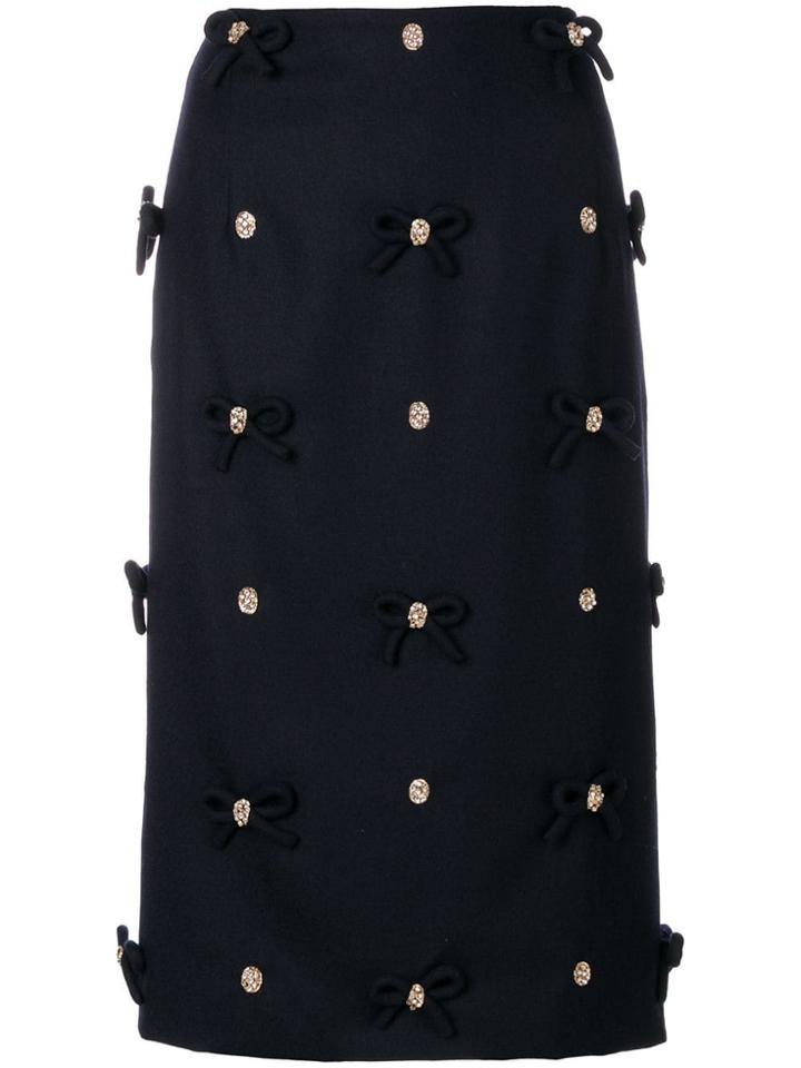 Thom Browne Crystal Bow Applique Sheath Skirt In Flannel - Blue
