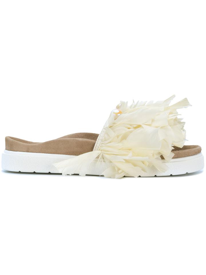 Inuiki Feather Embellished Slides - White