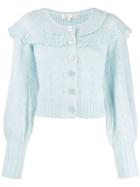 Love Shack Fancy Ruffled Eyelet Knit Cardigan - Blue