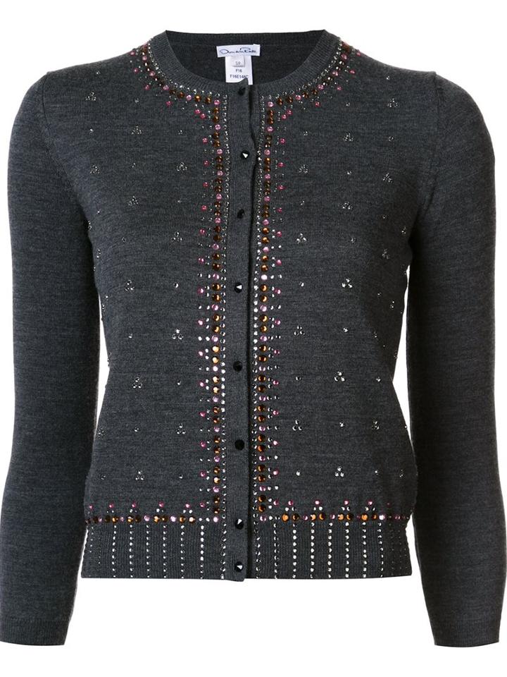 Oscar De La Renta Embellished Cardigan, Women's, Size: Small, Grey, Merino