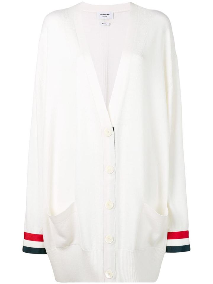 Thom Browne Rwb Cuff Oversized Merino Cardigan - White