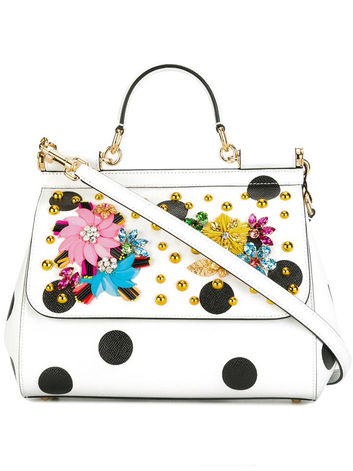 Dolce & Gabbana Medium Sicily Tote, Women's, White, Leather/viscose/crystal/calf Leather