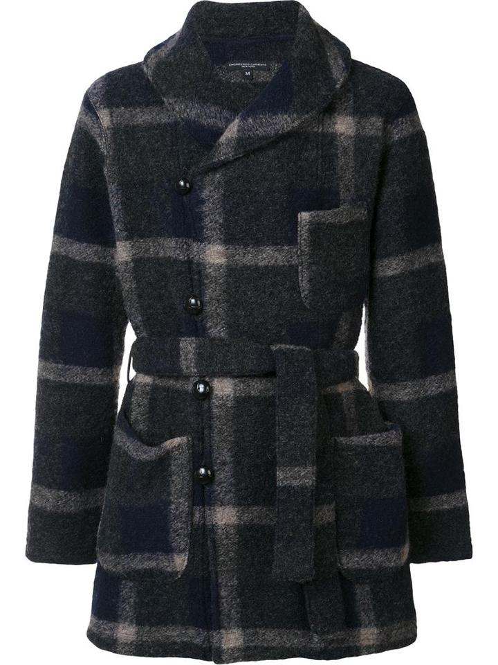 Engineered Garments Belted Check Coat, Men's, Size: Medium, Blue, Polyester/wool