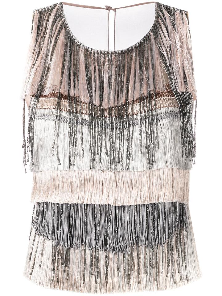 Alberta Ferretti - Fringed Top - Women - Silk/acetate/other Fibers - 40, Nude/neutrals, Silk/acetate/other Fibers