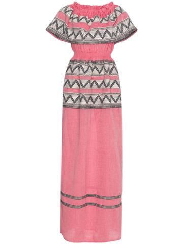 Celia Dragouni Off The Shoulder Embroidered Cotton Dress - Pink &