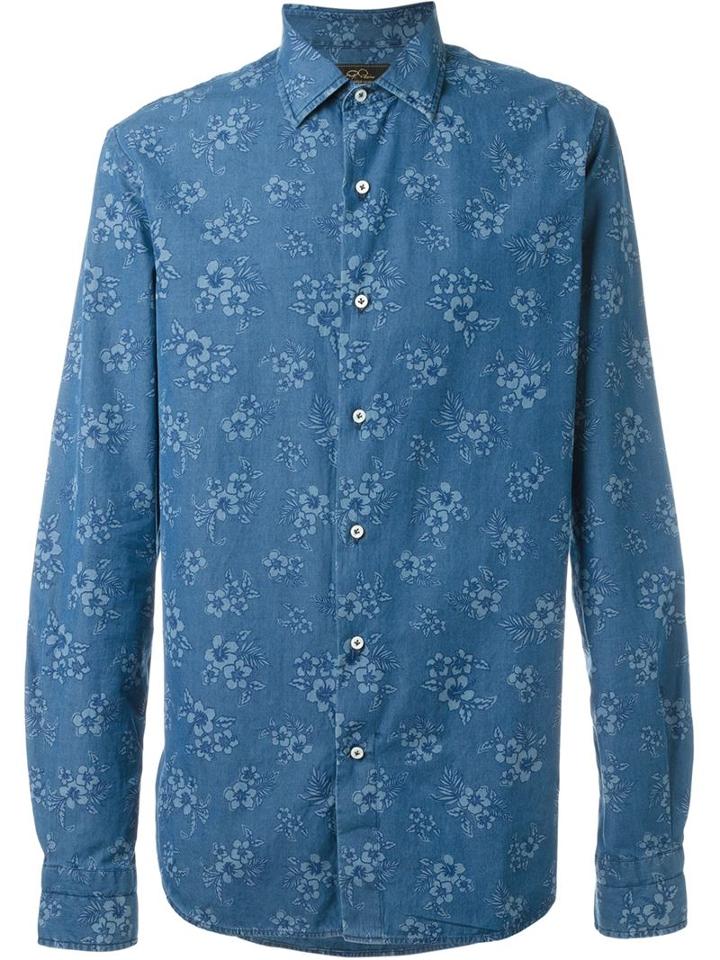 Gabriele Pasini Flower Print Shirt, Men's, Size: 39, Blue, Cotton