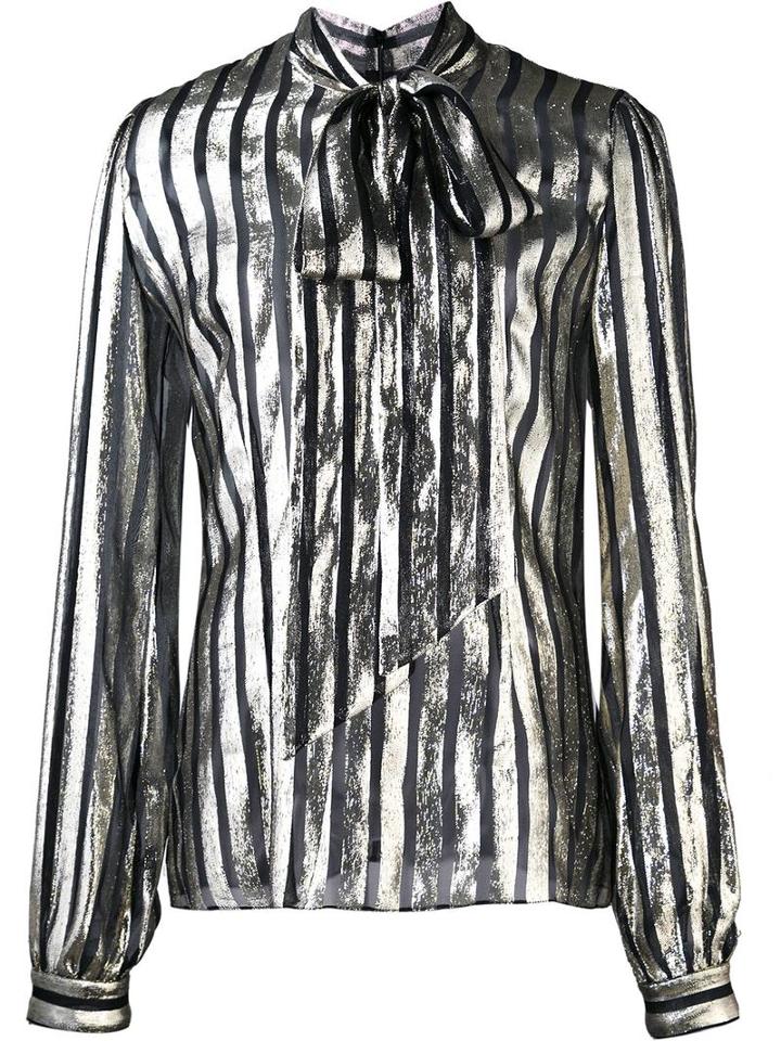 By. Bonnie Young Striped Pussy-bow Neck Blouse, Women's, Size: 8, Black, Silk/metallized Polyester