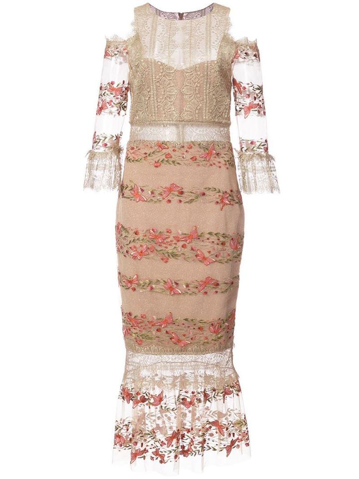 Marchesa Notte Embroidery And Lace Midi Dress - Yellow