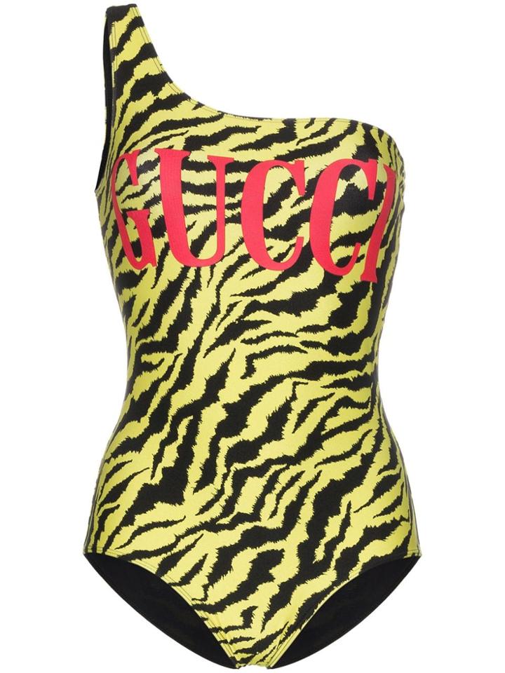 Gucci Tiger Print One Shoulder Printed Swimsuit - Yellow