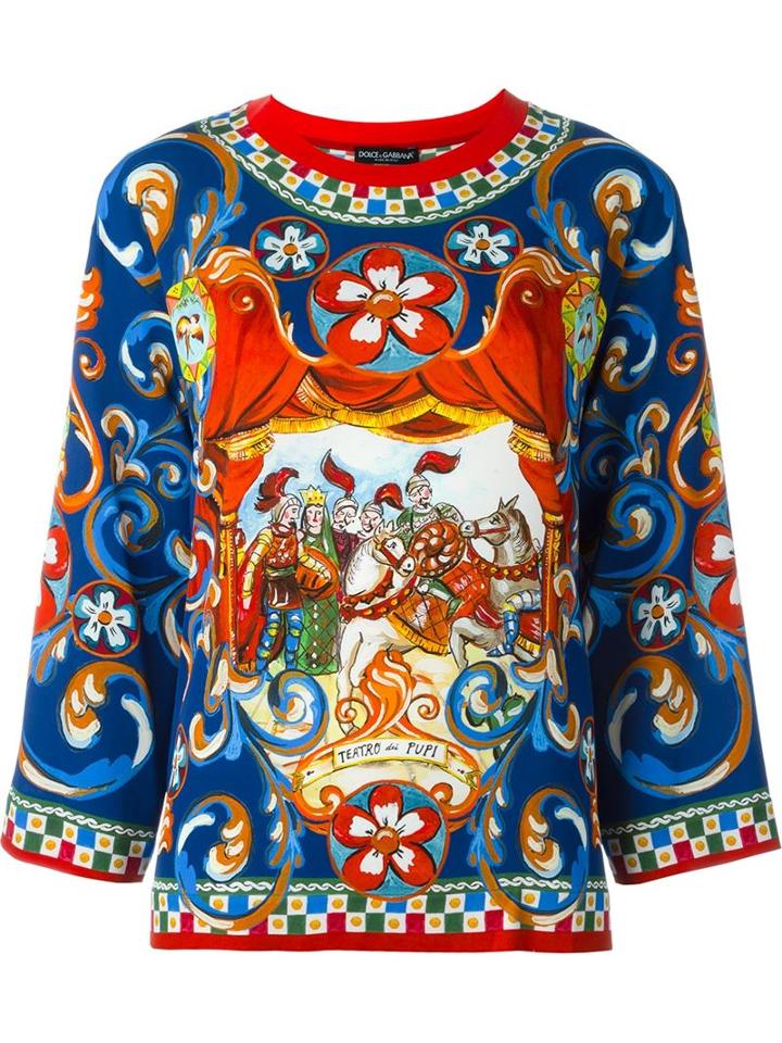 Dolce & Gabbana Carretto Siciliano Print Top, Women's, Size: 42, Silk/cotton/spandex/elastane