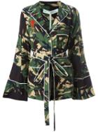 Off-white Rose Embroidered Pyjama Shirt, Women's, Size: Medium, Green, Silk/cotton