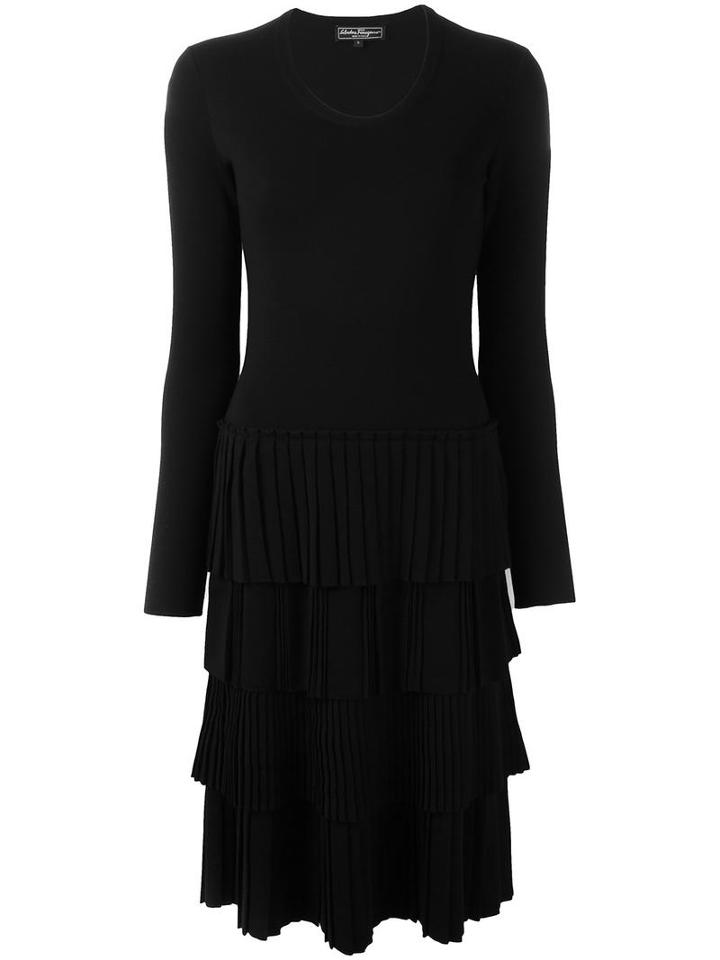 Salvatore Ferragamo Longsleeved Tiered Dress, Women's, Size: Small, Black, Virgin Wool