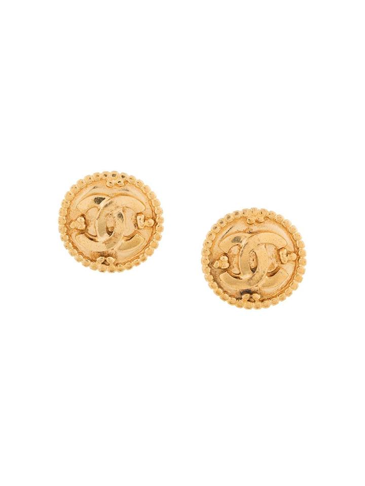 Chanel Vintage Cc Logos Button Earrings - Metallic