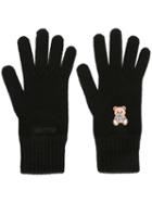 Moschino Bear Embroidered Gloves, Women's, Black, Wool