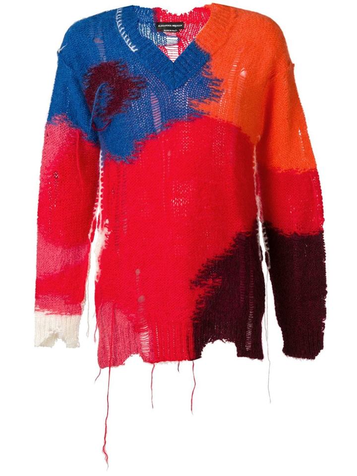 Alexander Mcqueen Distressed V-neck Jumper - Red