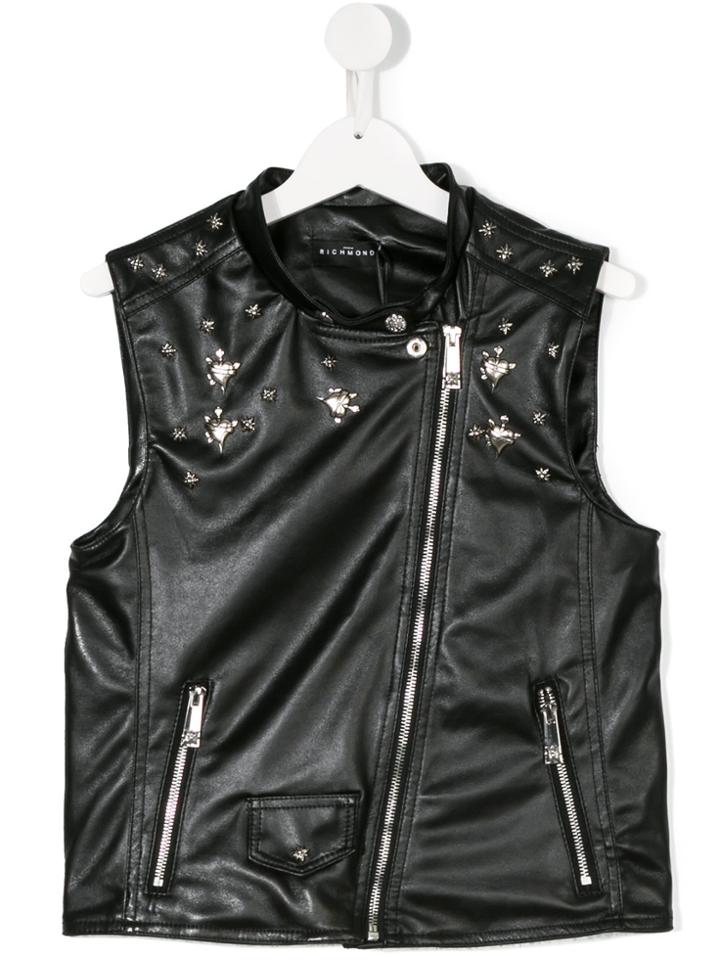 John Richmond Kids Embellished Faux Leather Biker Gilet - Black