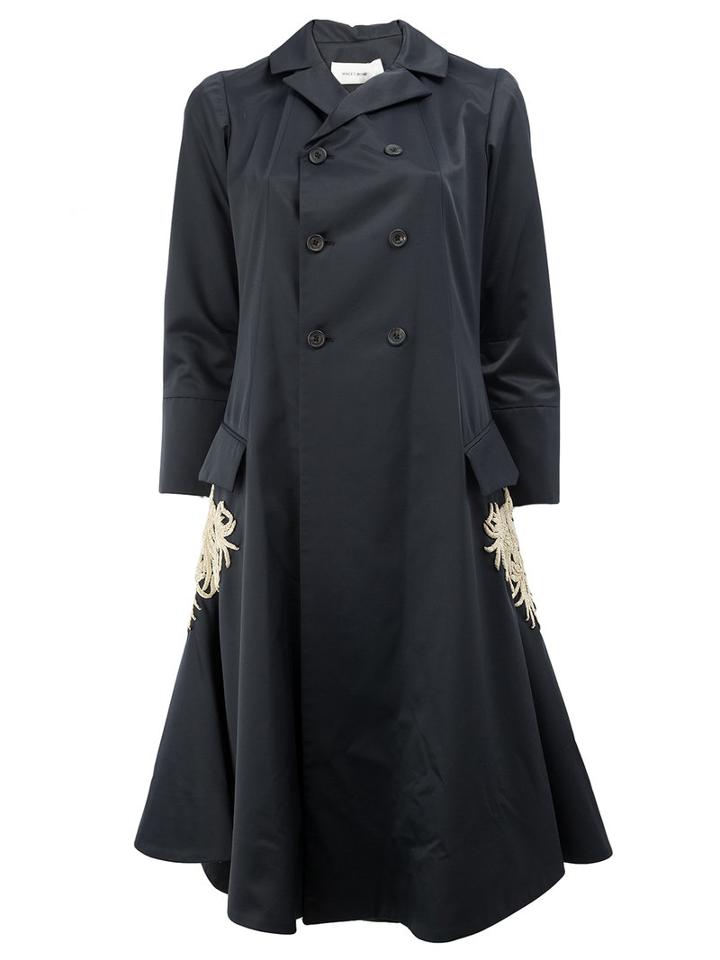 Grace Wales Bonner Flared Embroidered Coat, Adult Unisex, Size: 46, Black, Nylon/viscose/wool