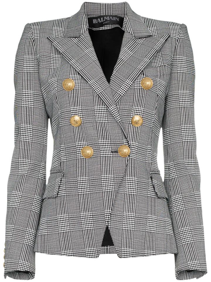 Balmain Double Breasted Tweed Cotton Blend Blazer - Grey