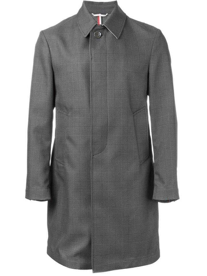 Thom Browne Prince Of Wales Check Raincoat, Men's, Size: 2, Grey, Polyester