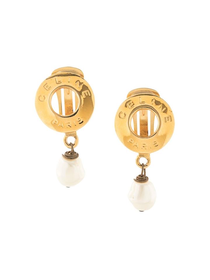Céline Pre-owned Swinging Pearl Clip-on Logo Earrings - Gold