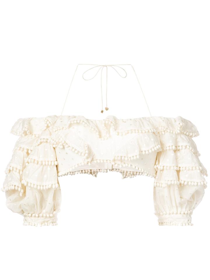 Zimmermann Ruffled Pom Pom Cropped Blouse - White