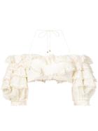 Zimmermann Ruffled Pom Pom Cropped Blouse - White