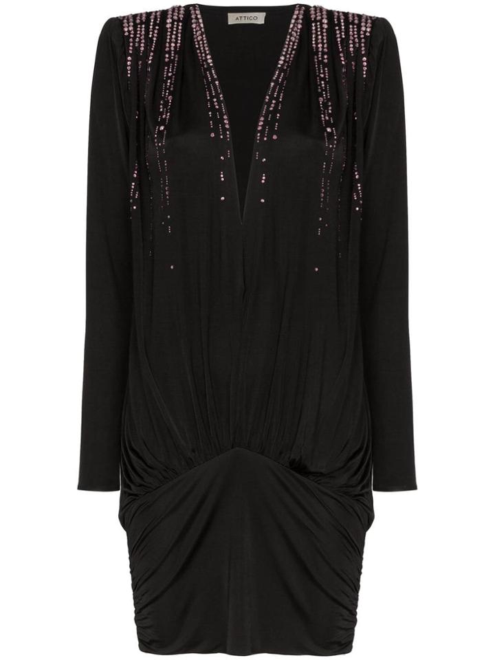 Attico V-neck Crystal Embellished Mini Dress - Black