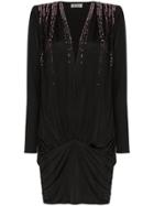 Attico V-neck Crystal Embellished Mini Dress - Black
